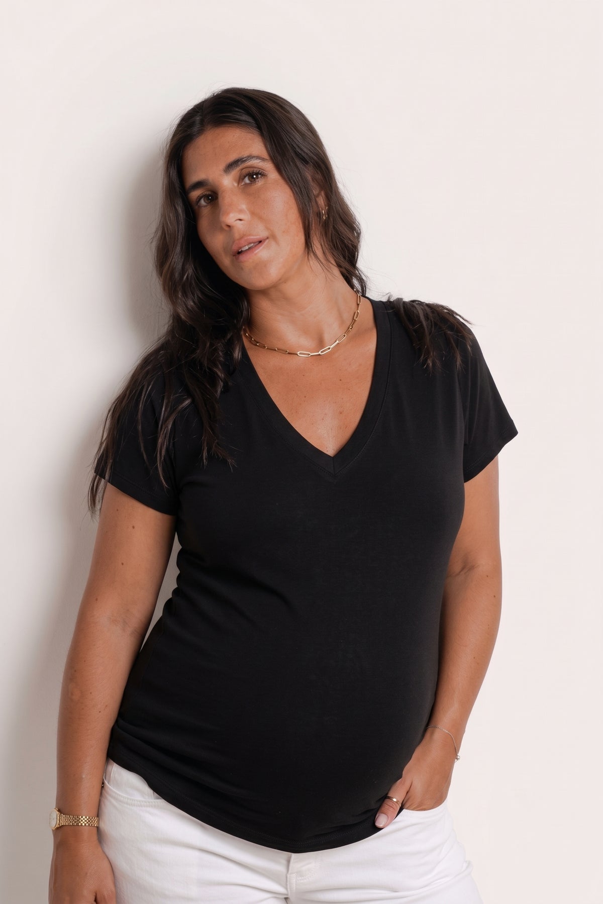 NOM Maternity The Nursing Tee in Black, close-up front view