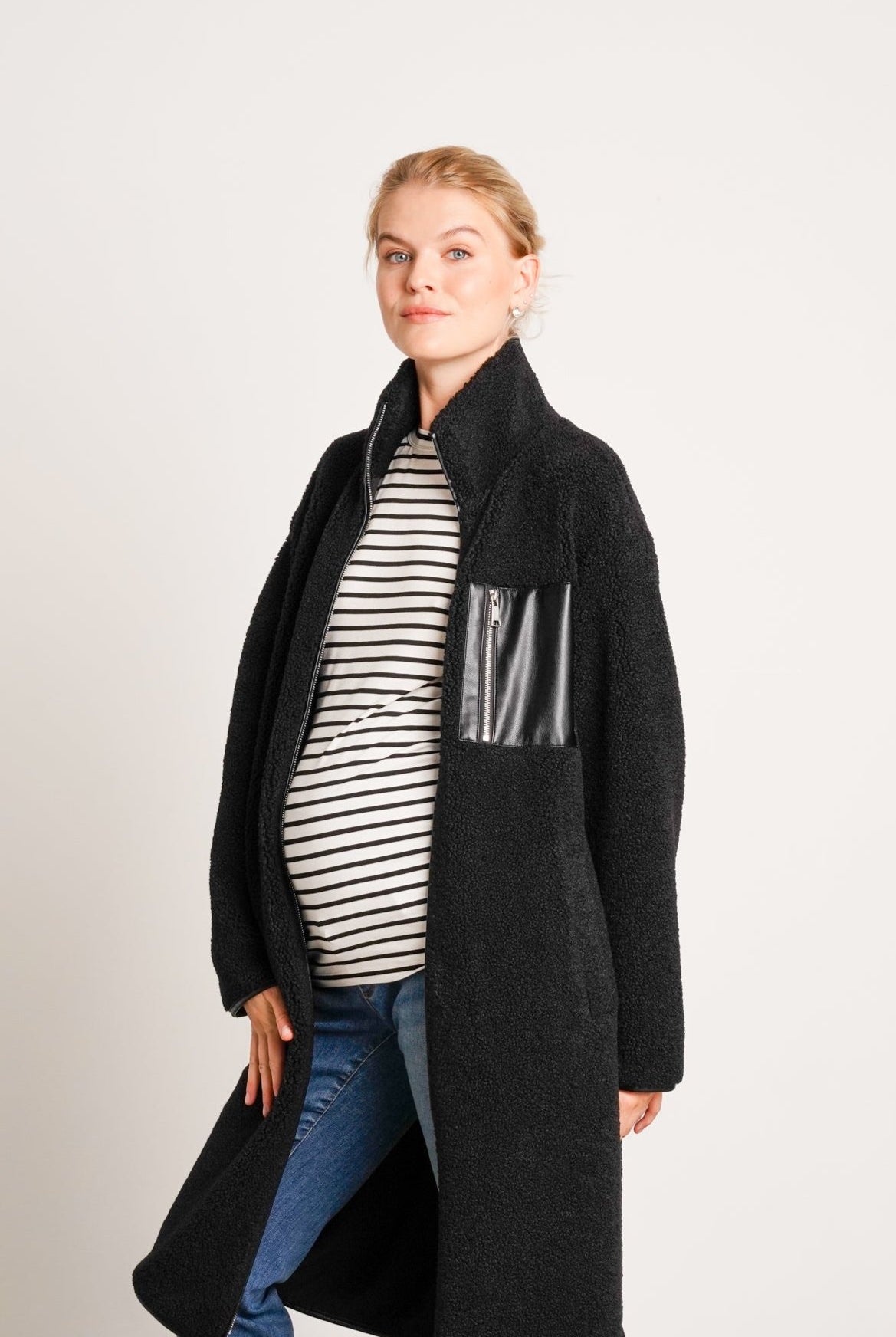 NOM Maternity Teddi Coat in Black, three-quarter view open