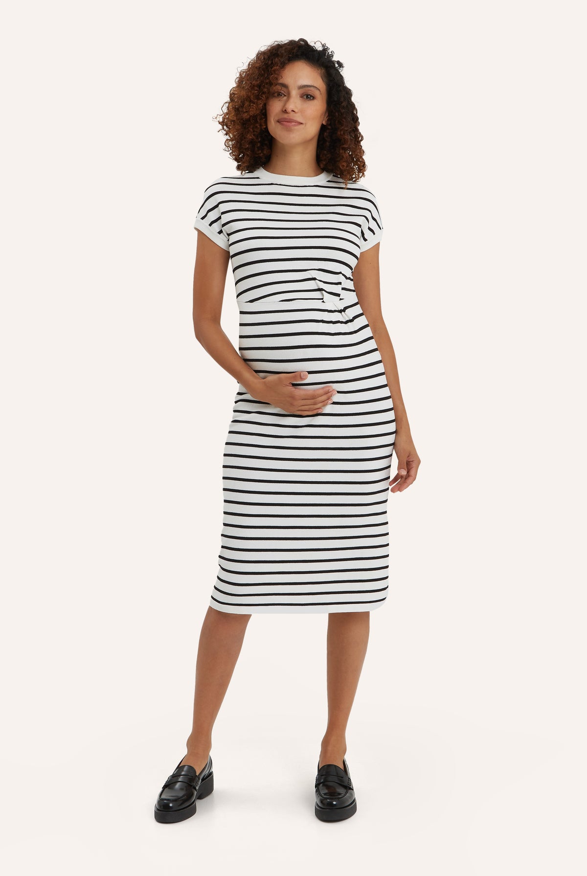 NOM Maternity Lydia Sweater Dress in Black & White Stripe, full front view