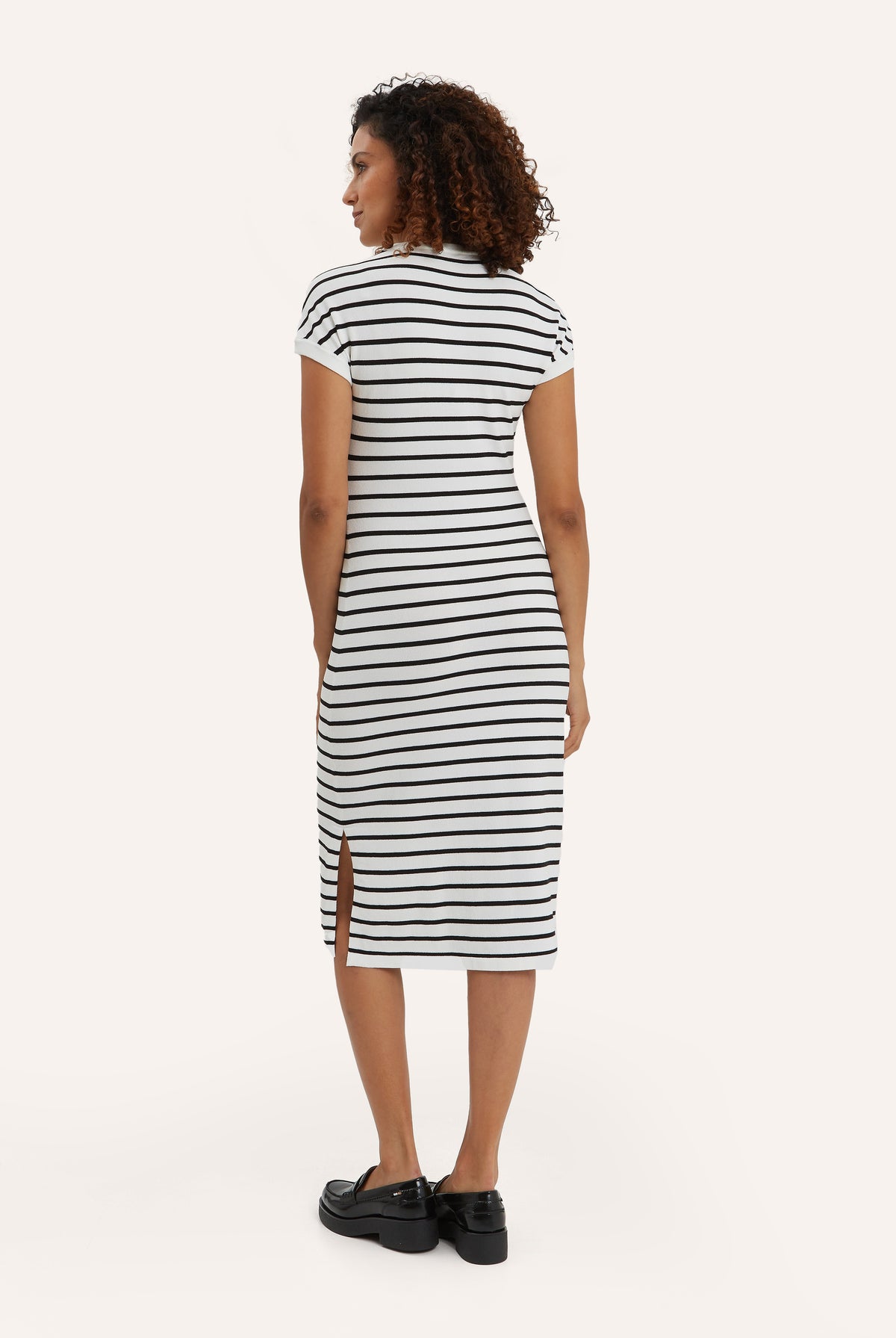 NOM Maternity Lydia Sweater Dress in Black & White Stripe, back view