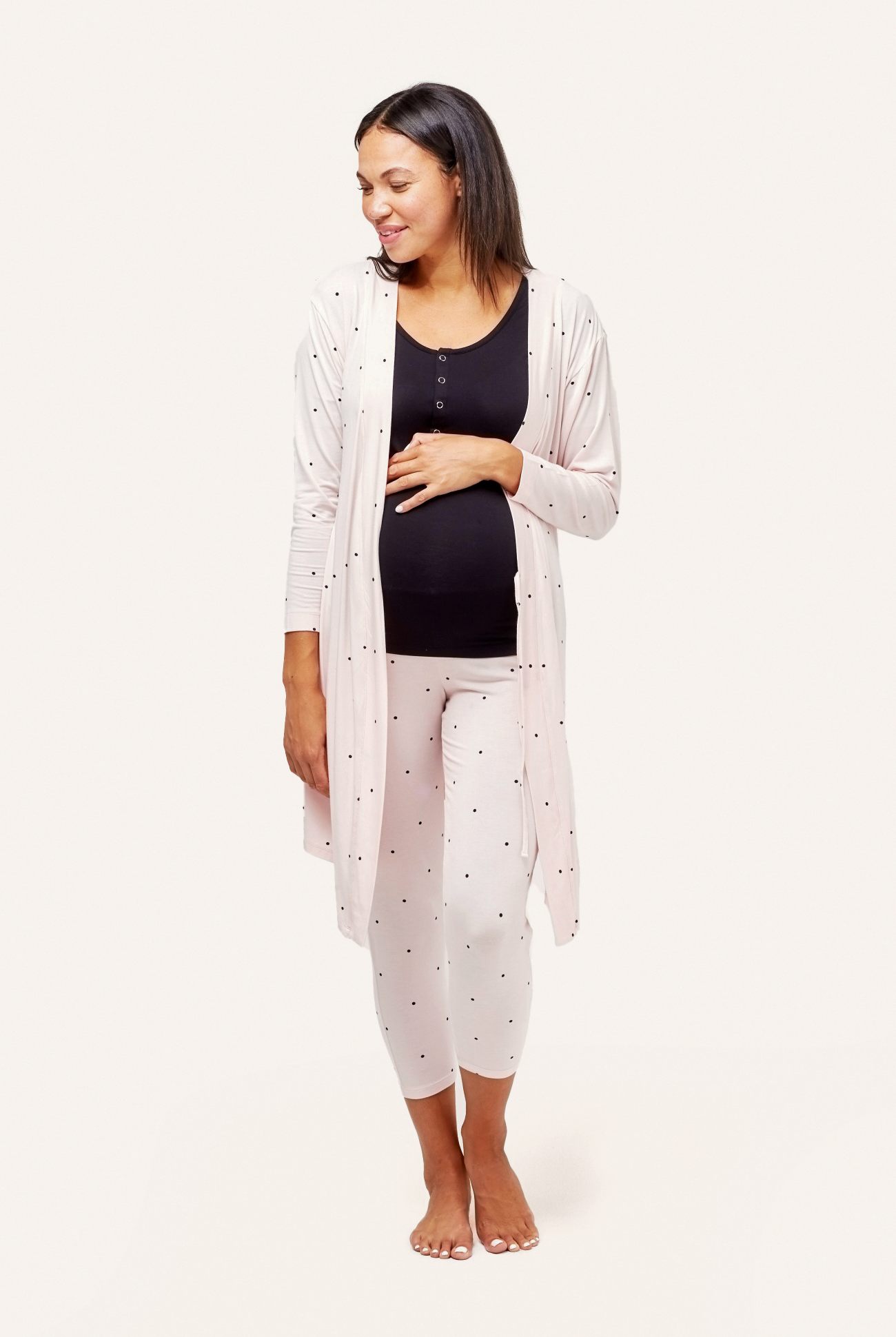 NOM Maternity Second Skin Robe in Dots, front view open