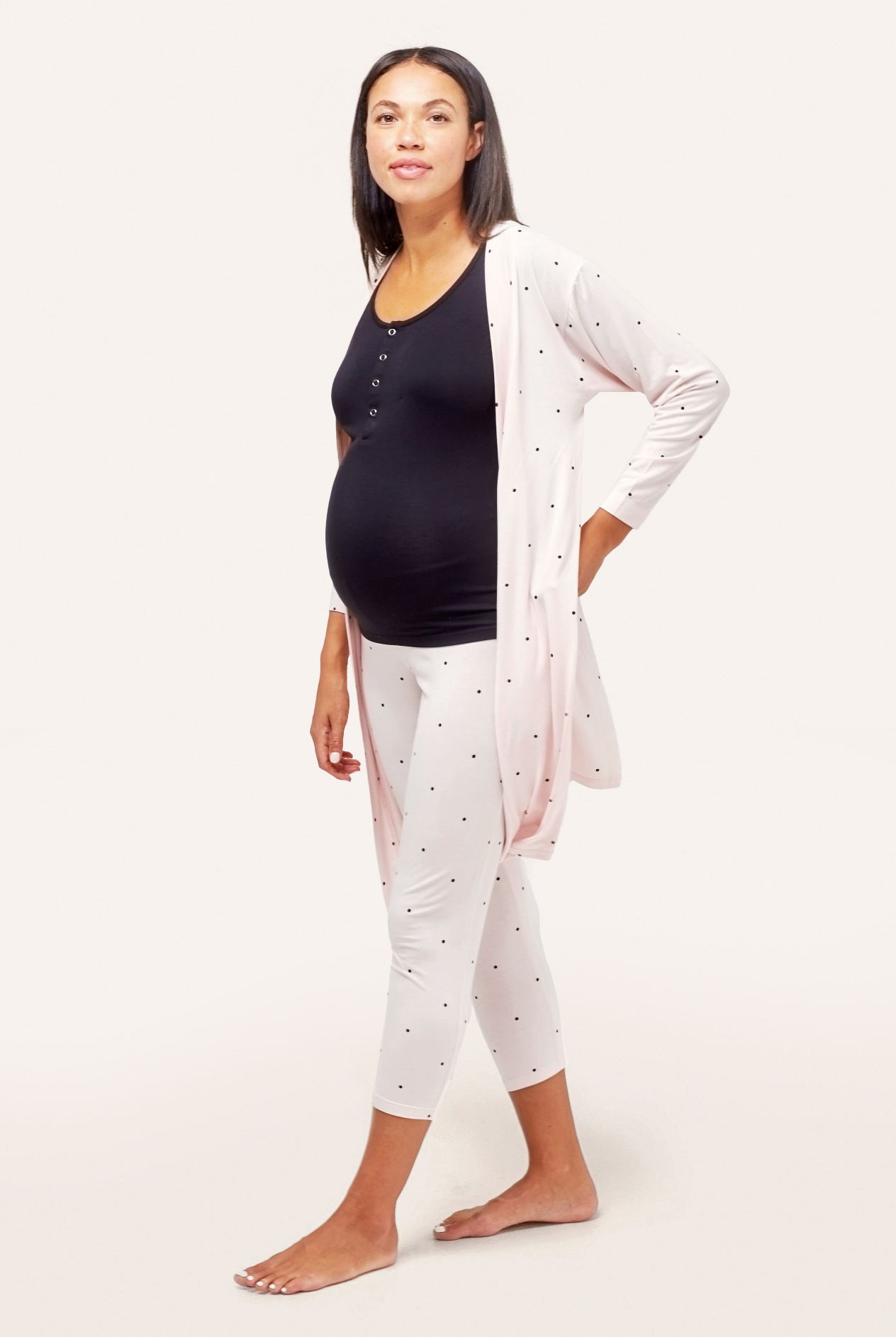 NOM Maternity Second Skin Robe in Dots, three-quarter view open