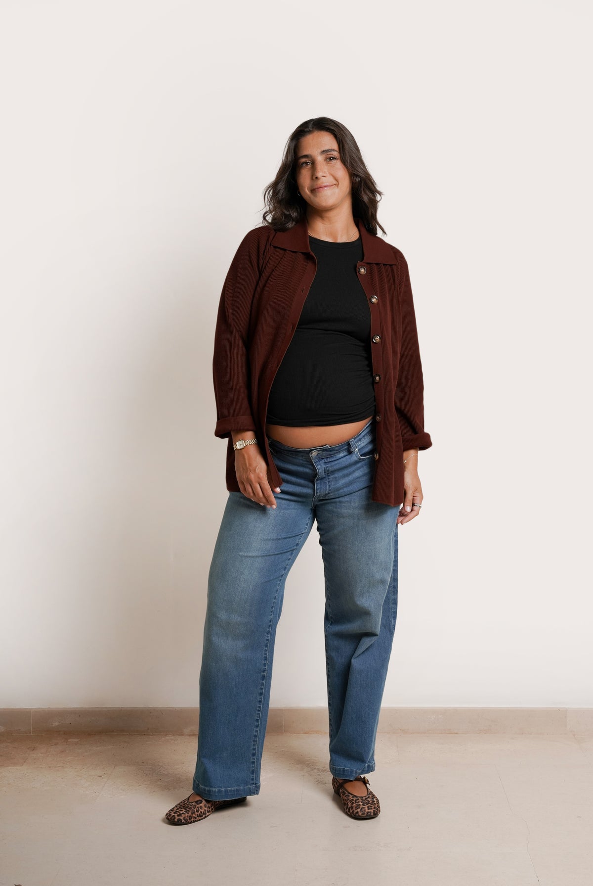 NOM Maternity Thomasine Sweater Cardigan in Chocolate, full front view open