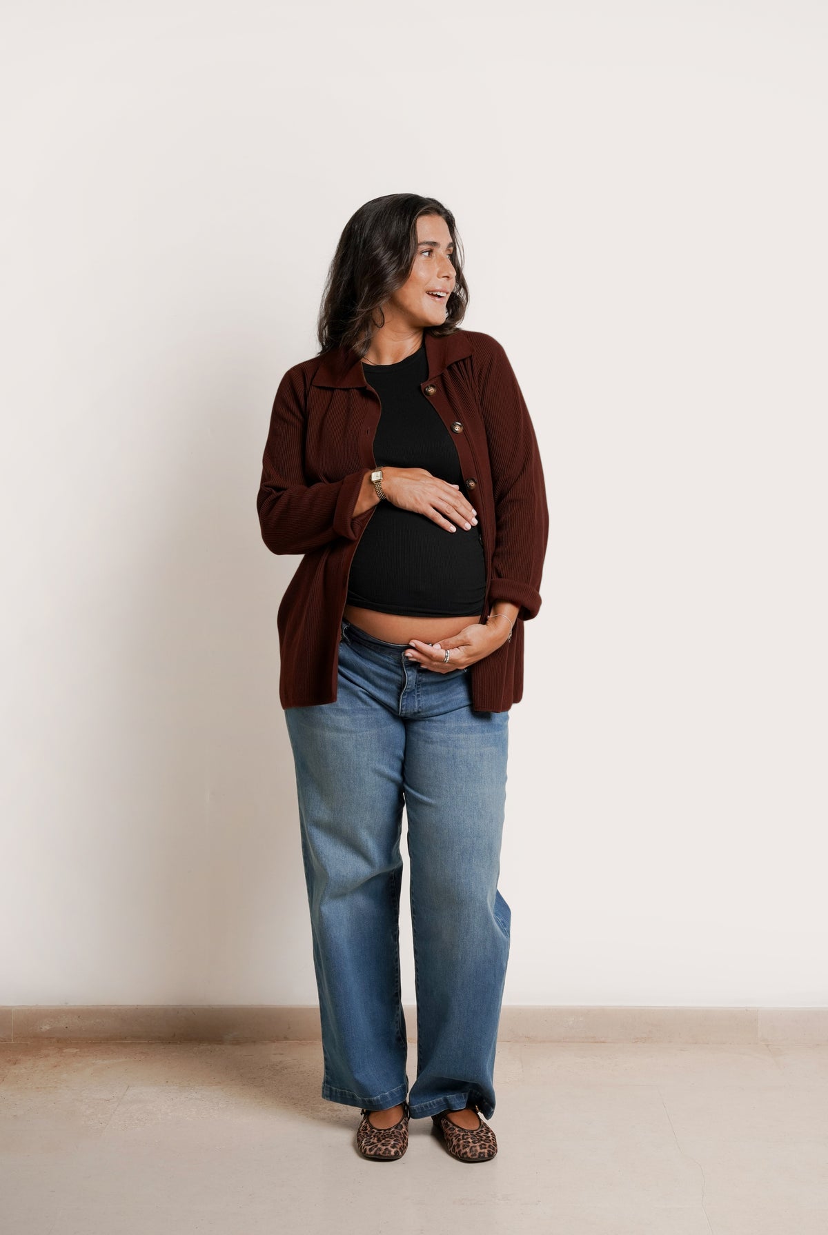 NOM Maternity Thomasine Sweater Cardigan in Chocolate, front view open wiht bump