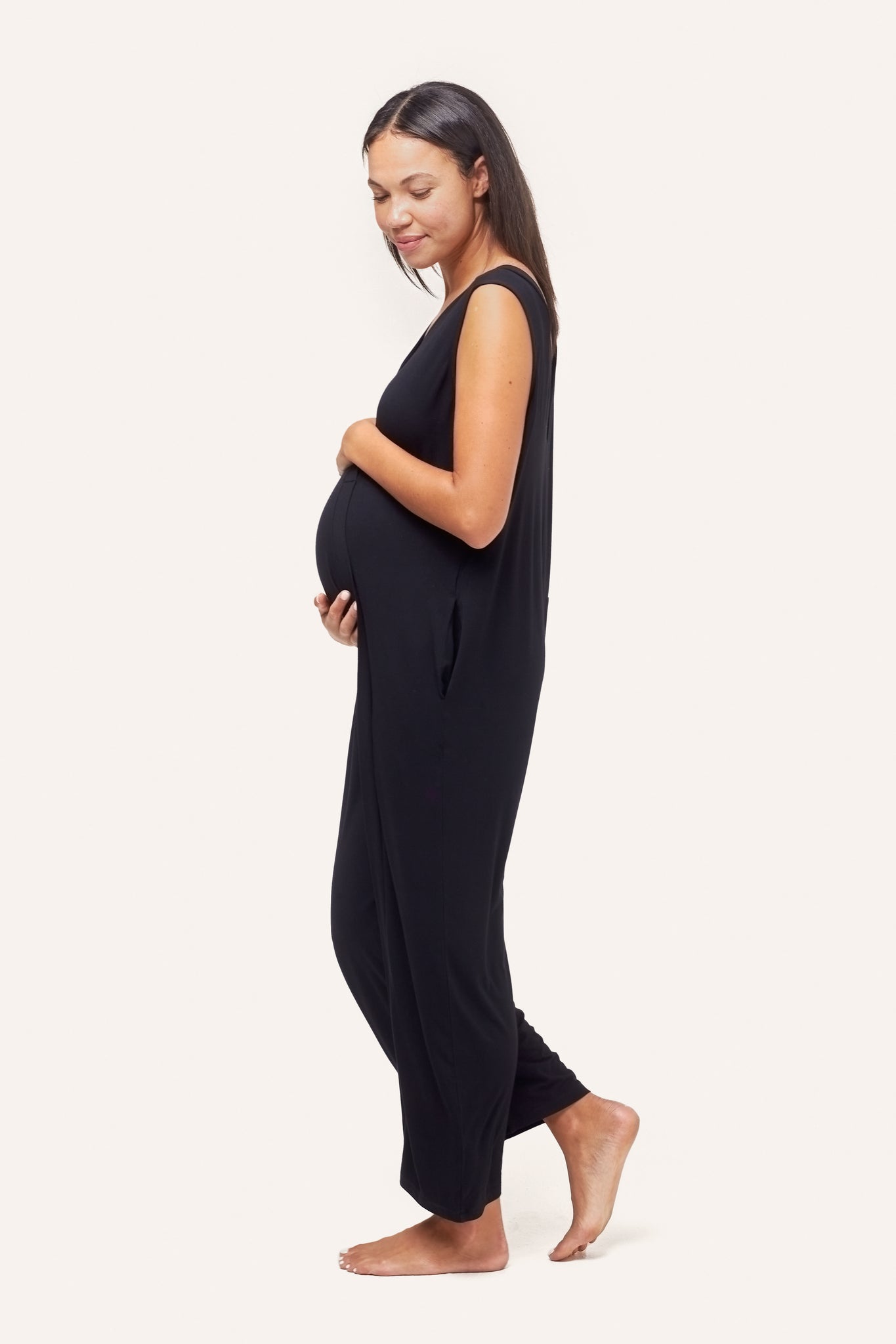 Quince Womens Bamboo Jersey Maternity Everyday Jumpsuit Pockets Black Size  M