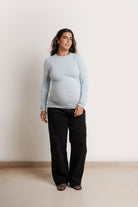 NOM Maternity Liv Long Sleeve Crew Neck Tee in Ice Blue, full front view