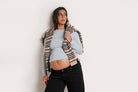 NOM Maternity Liv Long Sleeve Crew Neck Tee in Ice Blue, three-quarter view styled