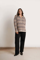 NOM Maternity Blaire 3/4 Zip Sweater in Ice Stripe, front view