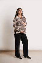 NOM Maternity Blaire 3/4 Zip Sweater in Ice Stripe, full front view showing bump 