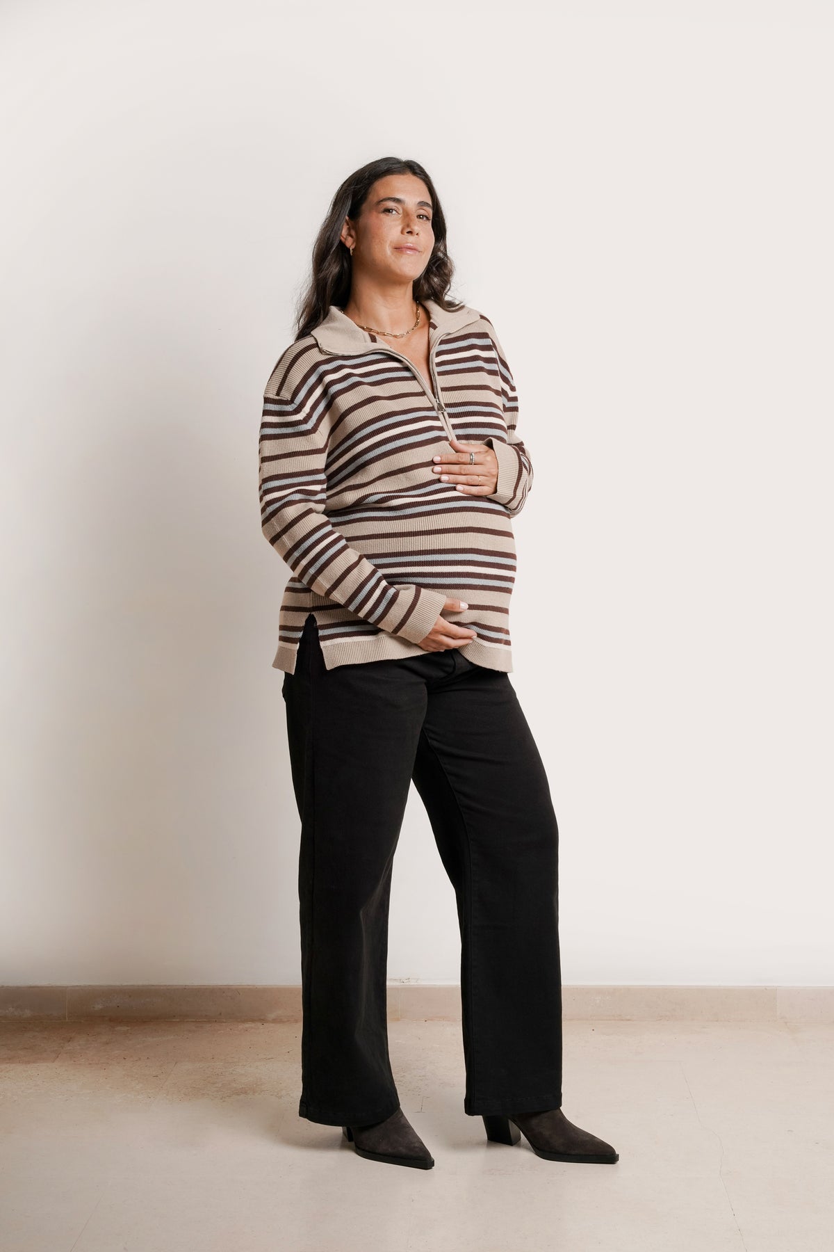 NOM Maternity Blaire 3/4 Zip Sweater in Ice Stripe, full front view showing bump 