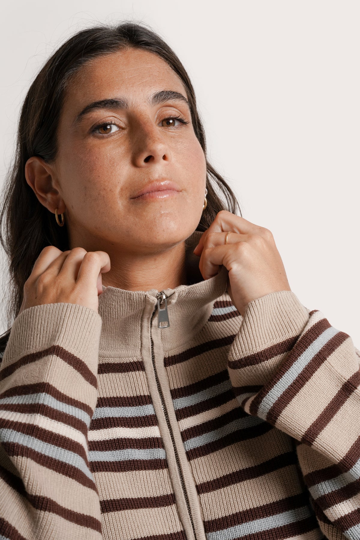 NOM Maternity Blaire 3/4 Zip Sweater in Ice Stripe, close-up view of collar, zipper and sleeves