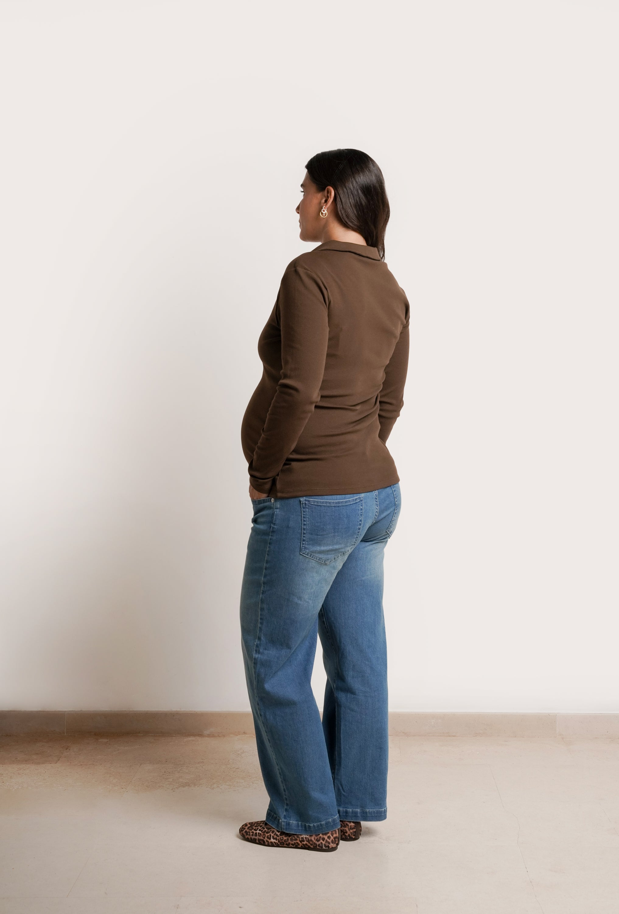NOM Maternity Paige Polo Nursing Tee in Chocolate, side back view 