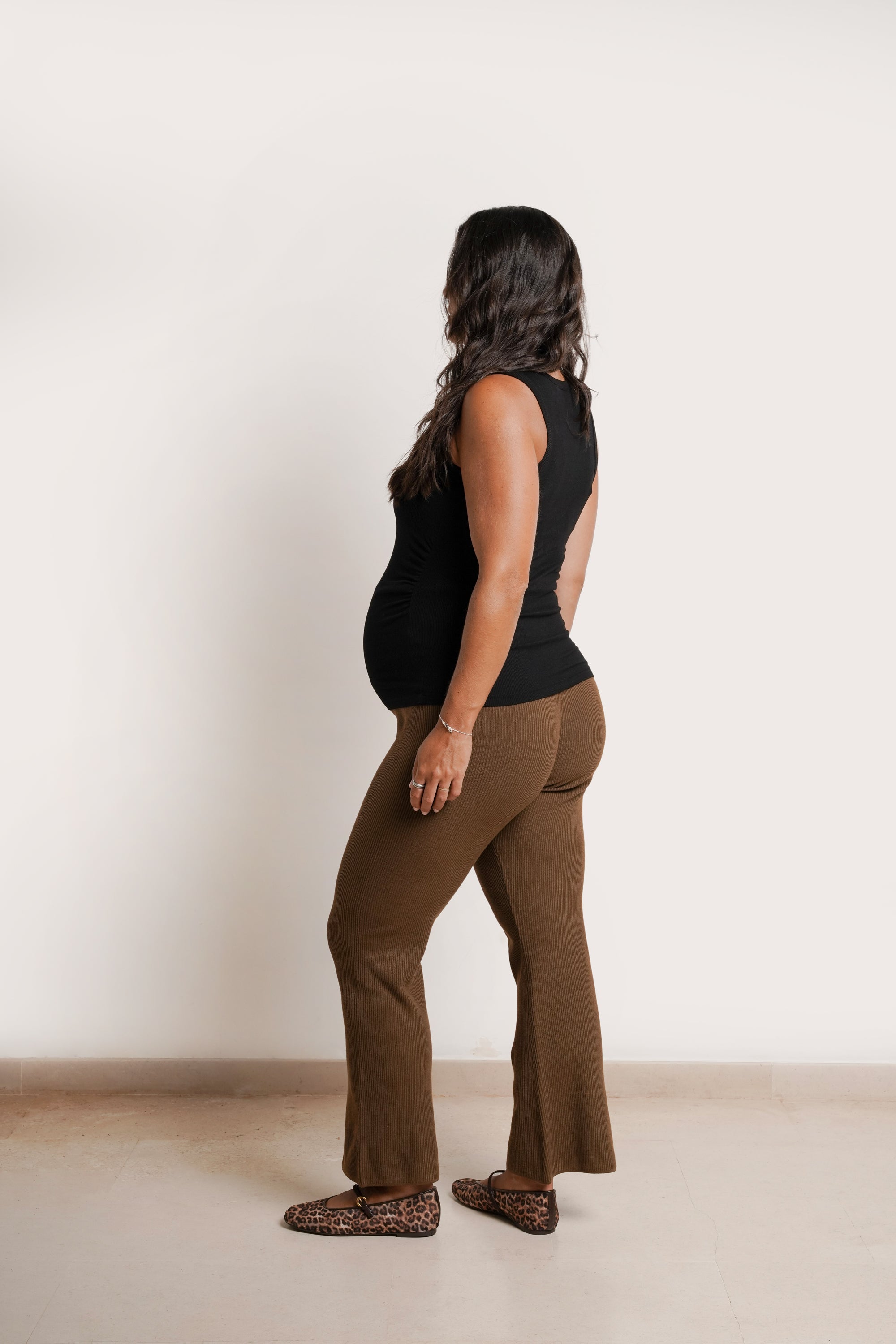 NOM Maternity Georgina Knit Pant in Chocolate, back view showing flare fit