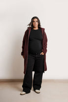 NOM Maternity Teddi Coat in Burgundy, full front view open