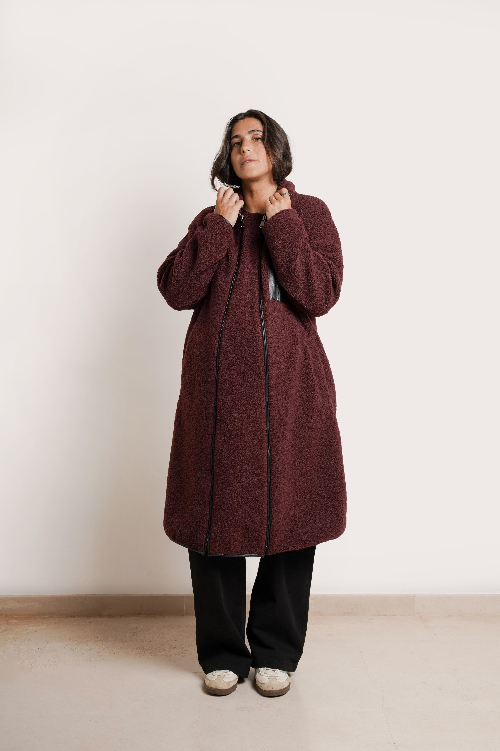 NOM Maternity Teddi Coat in Burgundy, front view showing zipper panel closed