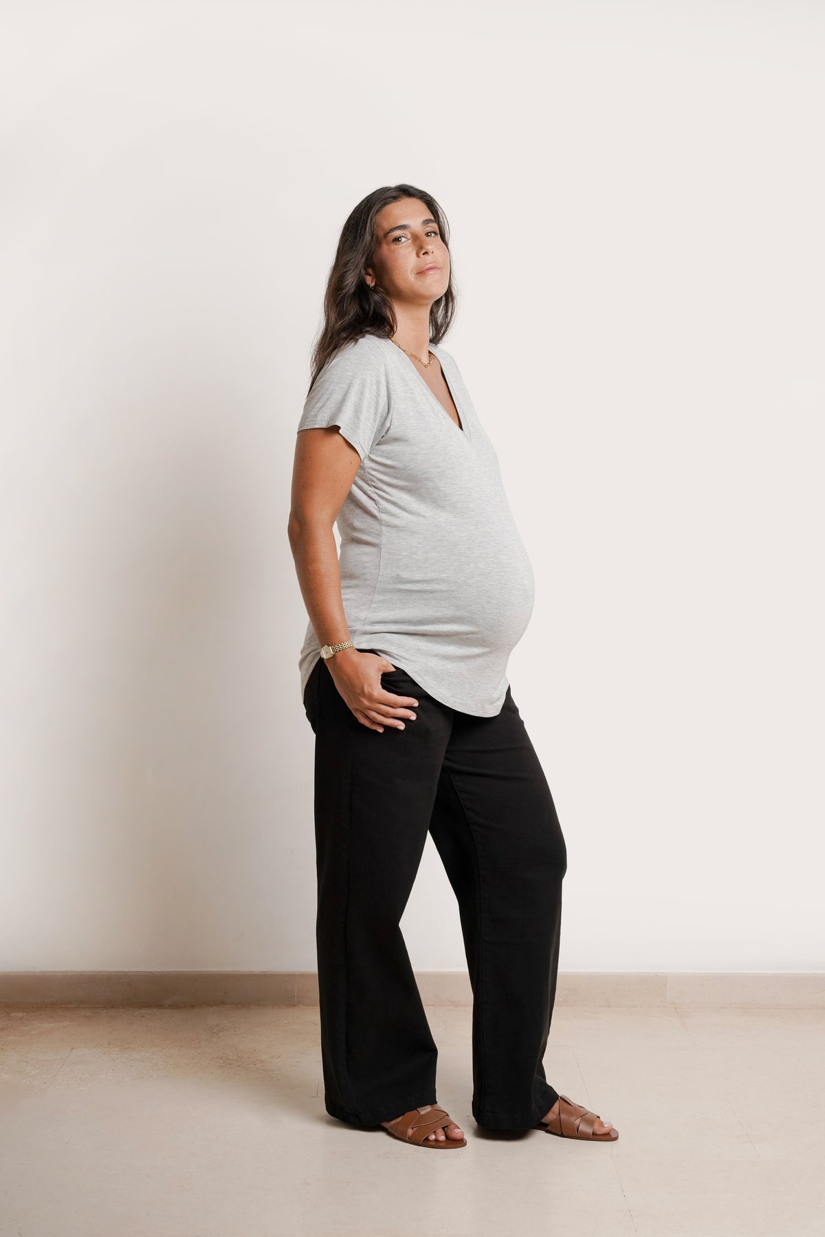 NOM Maternity The Nursing Tee in Heather Grey, side view with bump
