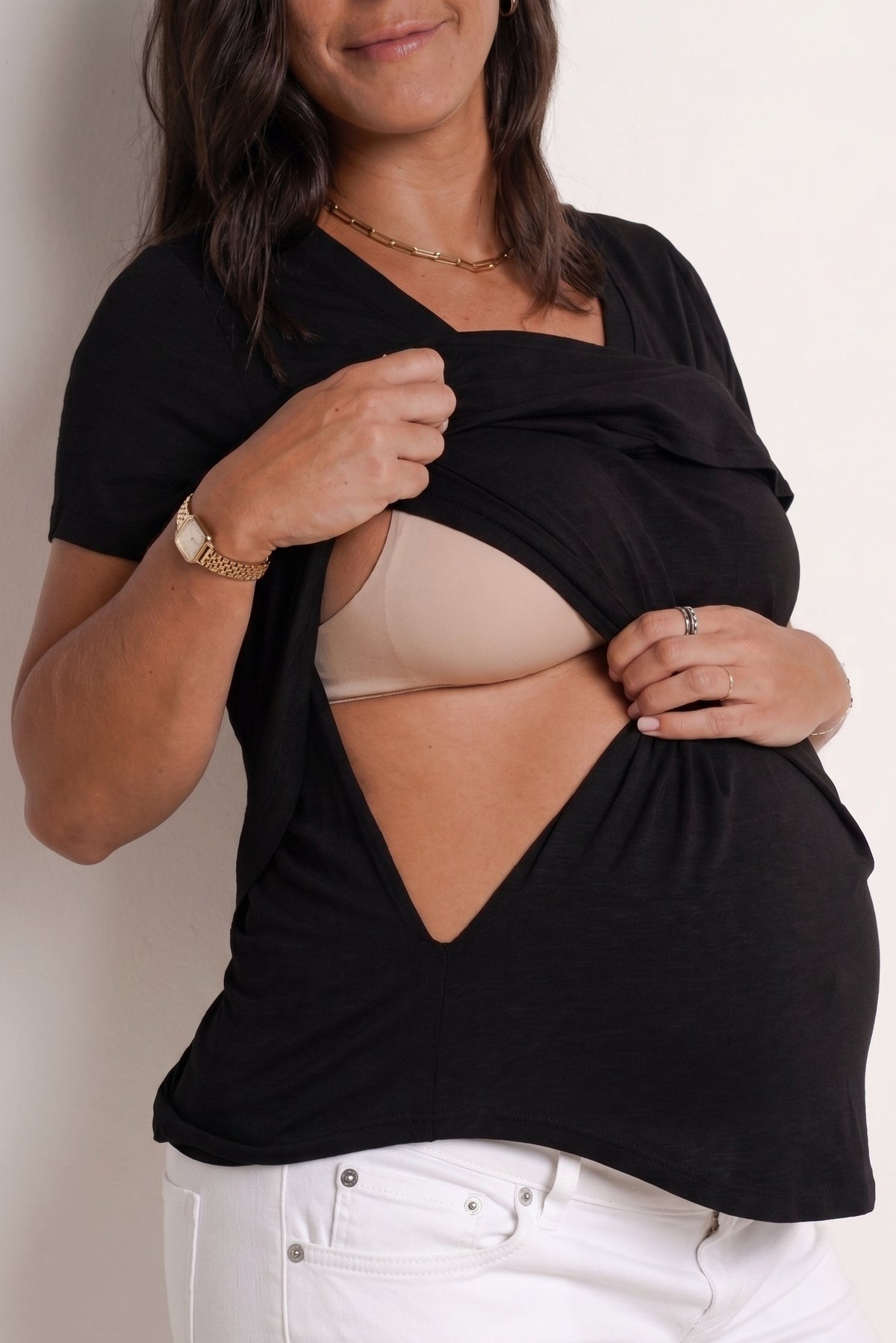 NOM Maternity The Nursing Tee in Black, close-up view showing nursing access 