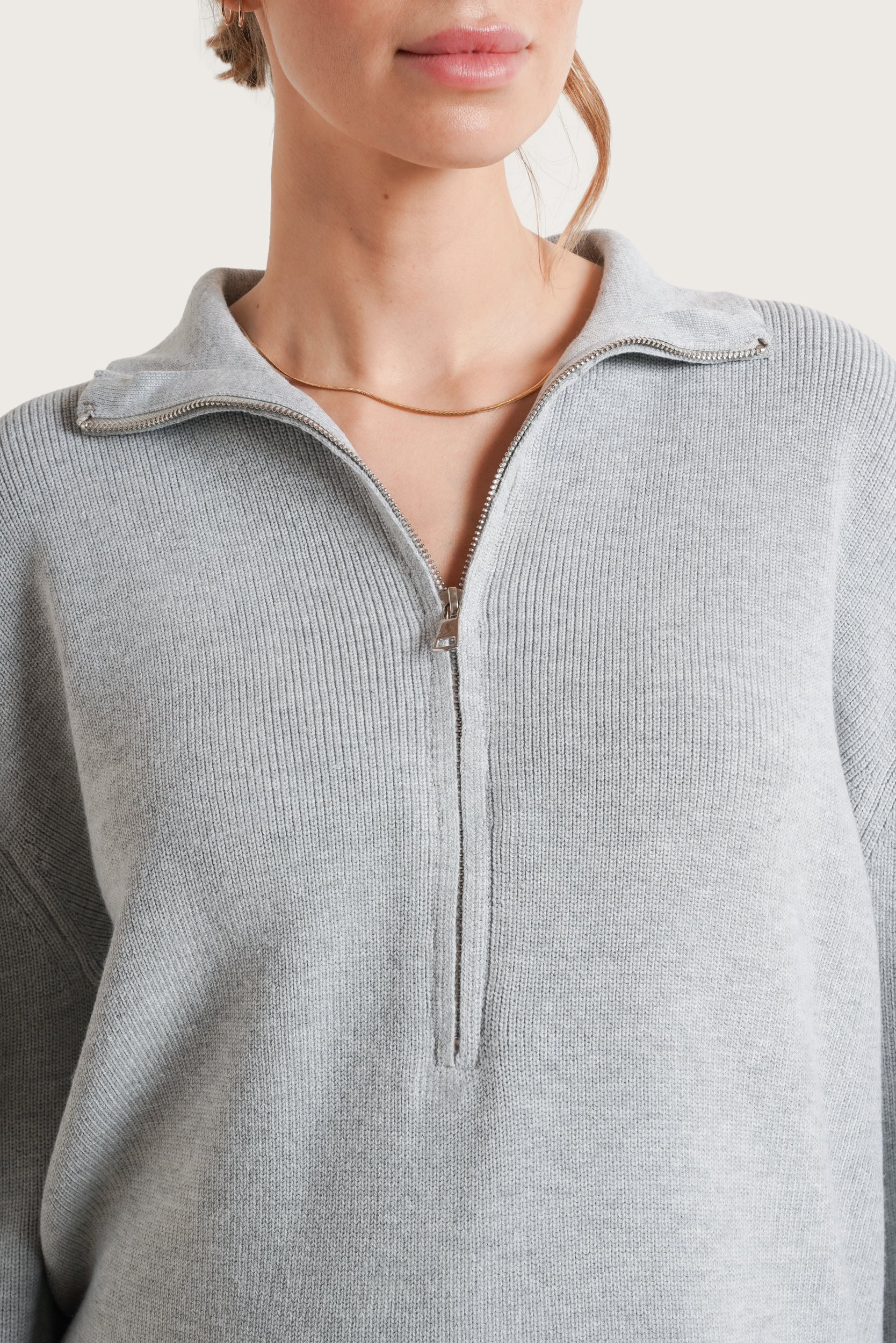 NOM Maternity Blaire 3/4 Zip Sweater in Grey, close-up view of front zipper, collar and fabric detail