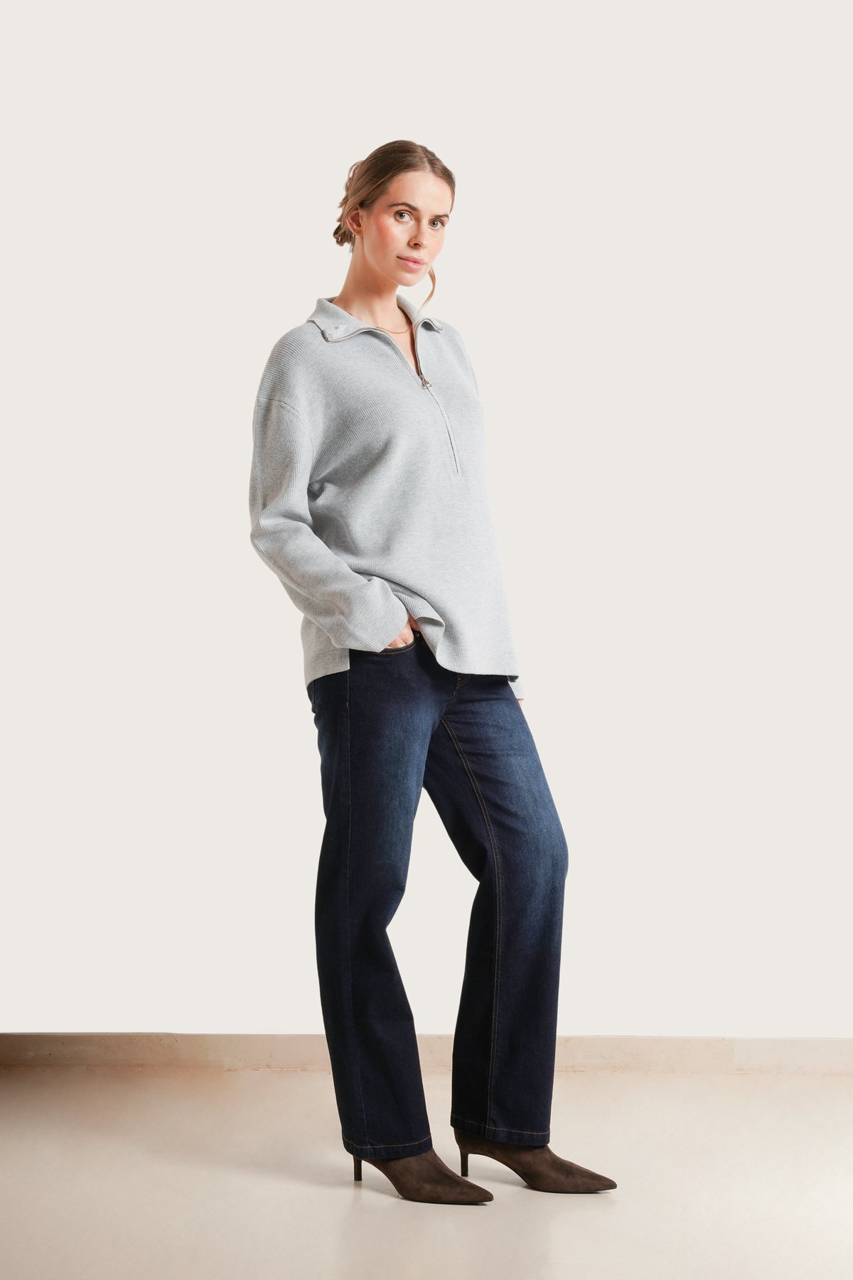 NOM Maternity Blaire 3/4 Zip Sweater in Grey, three-quarter view