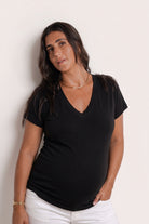 NOM Maternity The Nursing Tee in Black, close-up front view 