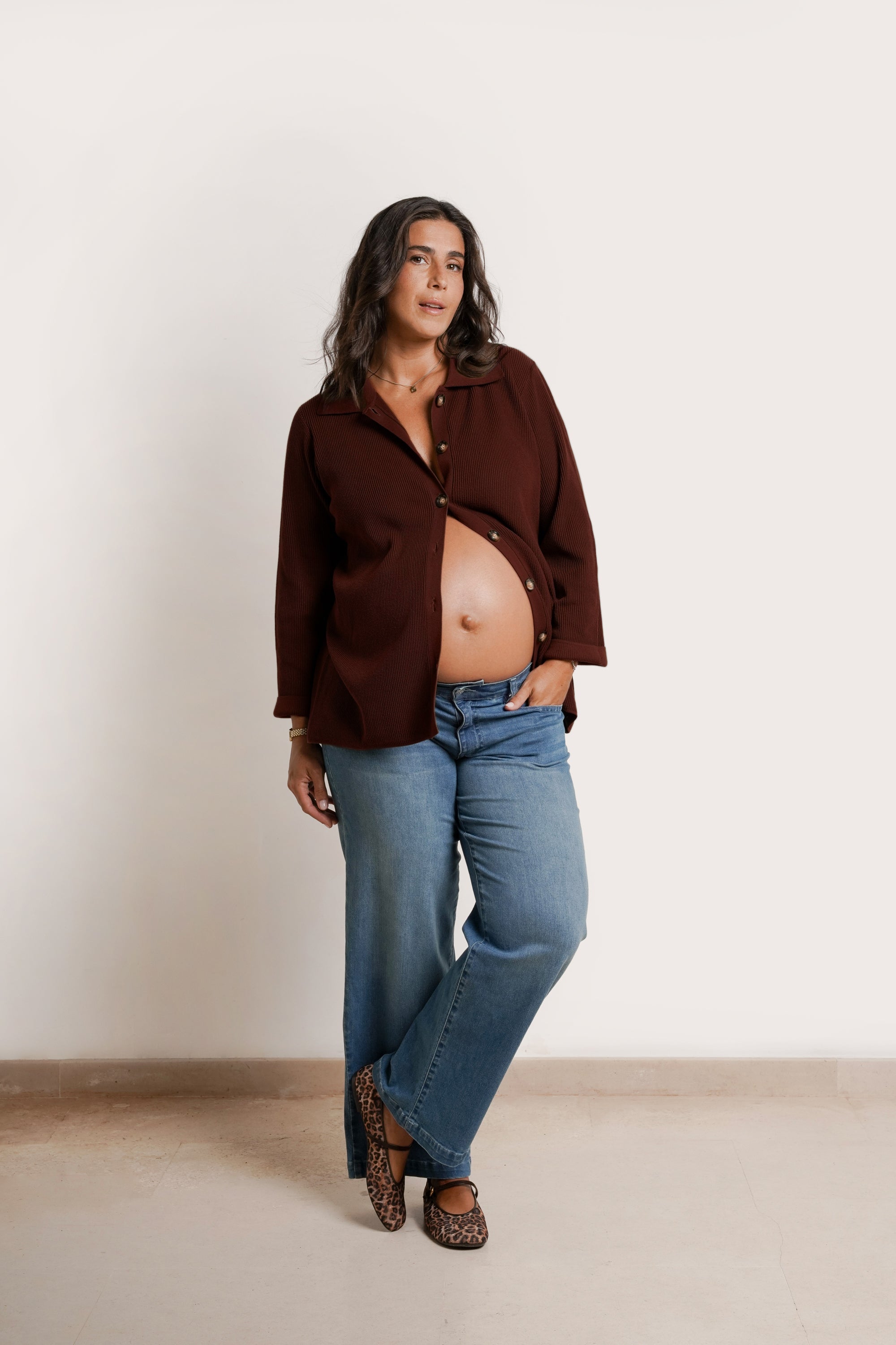 NOM Maternity Thomasine Sweater Cardigan in Chocolate, front view with nursing access