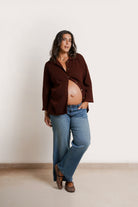 NOM Maternity Thomasine Sweater Cardigan in Chocolate, front view with nursing access