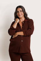 NOM Maternity Thomasine Sweater Cardigan in Chocolate, close-up front view styled