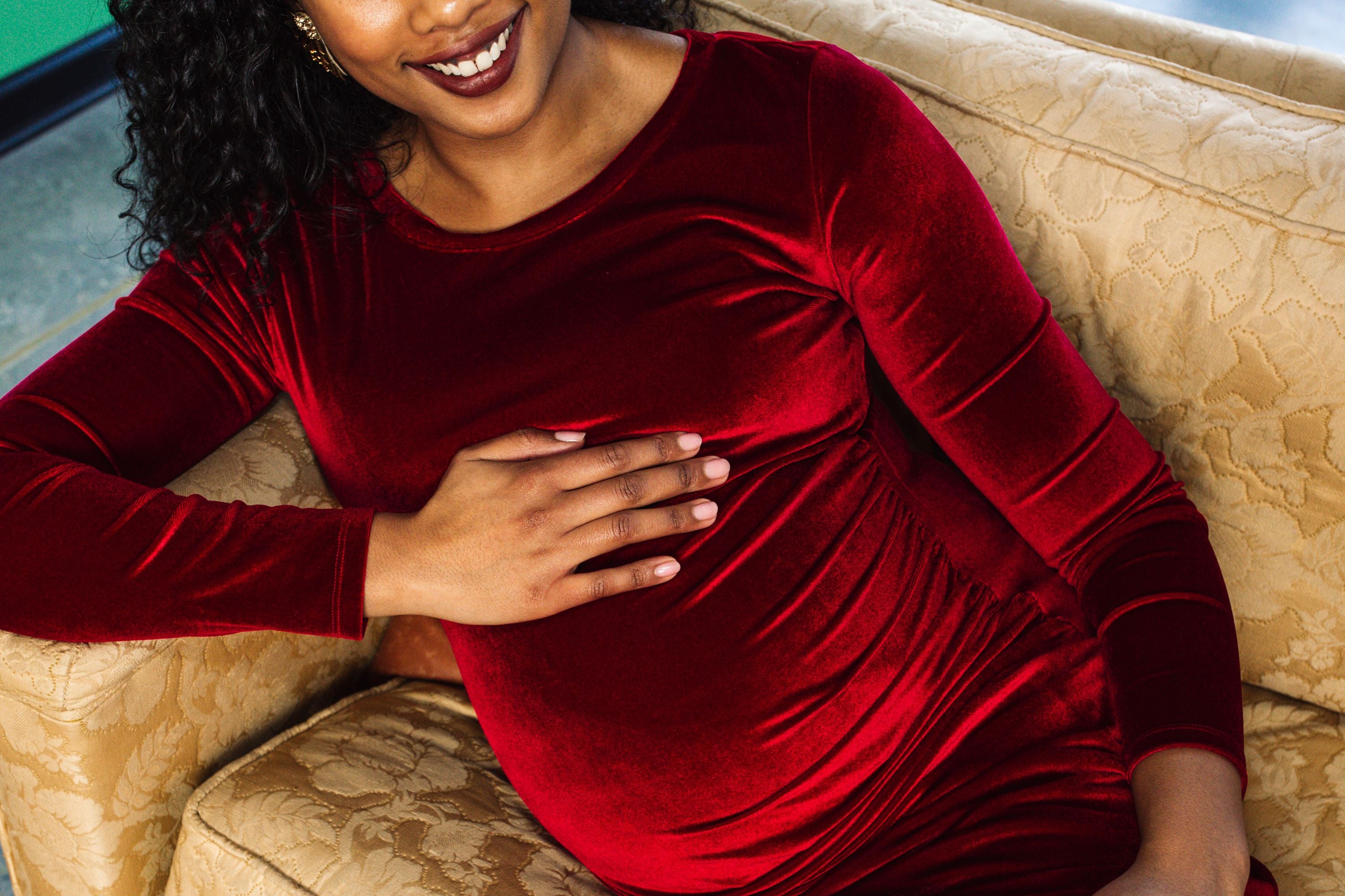 Clio red velvet maternity dress